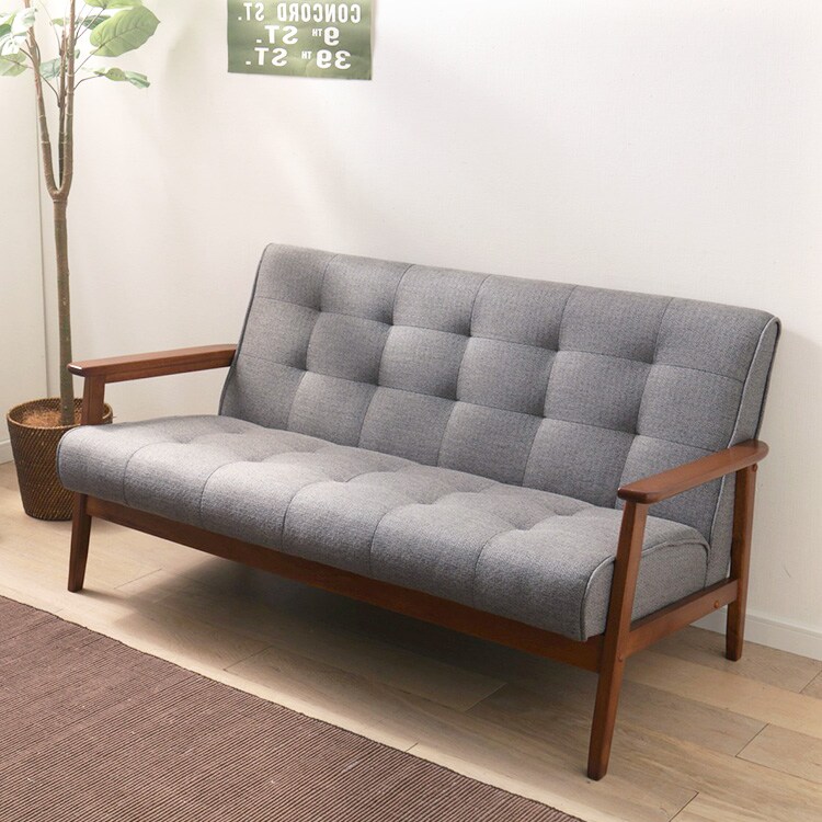 グレー 布製 2人掛けソファ 木製フレーム