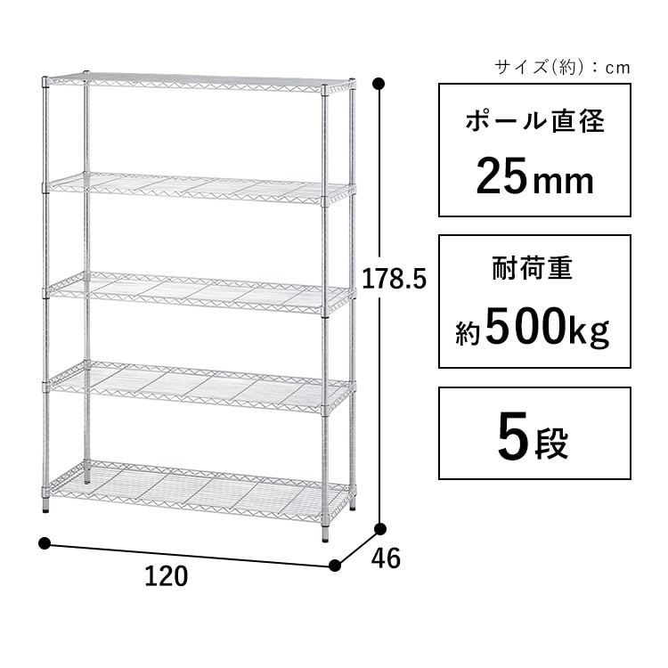 幅120cm】シンプルメタルラック（ポール直径25mm・棚板5枚） SMR-1218J